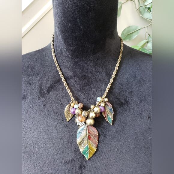 Womens Fashion Multicolor Beads Fall Leaf Statement Necklace with Lobster Clasp - Picture 1 of 8